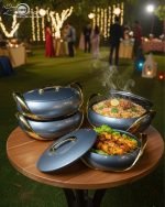 Elegant insulated casserole dish set with gold accents for serving hot food, available in white, sky blue, and blue in 2.5, 3, and 3.5-liter sizes.