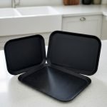 Fiber serving tray set of 3 sizes, anti-slip surface, available in black and light brown colors. Versatile utility tray for kitchen, bar, or home use.