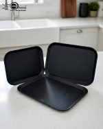 Fiber serving tray set of 3 sizes, anti-slip surface, available in black and light brown colors. Versatile utility tray for kitchen, bar, or home use.