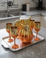Luxury painted glass water set: 1 jug, 6 stemmed glasses with gold and vibrant color metallic finish.