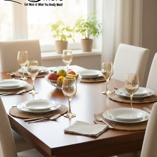 Elegant 7-piece glass water set by One More featuring one amber glass pitcher and six matching goblets, all decorated with a black and gold tulip design.