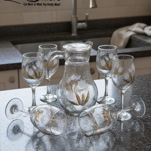 7-piece glass water set, including a clear glass jug/pitcher with white lid and six stemmed wine glasses, all featuring an elegant gold floral design, shown serving beverages in a home setting.