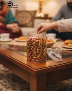 Decorative acrylic storage jar with a clear body and elegant gold spiral print, suitable for use as a kitchen canister, snack container, or display piece on a coffee table or serving cart.