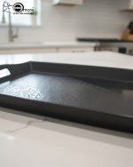 Set of 3 rectangular fiber serving trays in black, brown, and white colors, featuring non-slip texture and ergonomic handles for serving food and beverages.