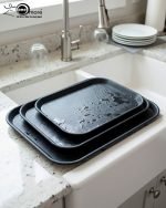 Fiber serving tray set of 3 sizes, anti-slip surface, available in black and light brown colors. Versatile utility tray for kitchen, bar, or home use.