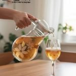 7-piece glass water set, including a clear glass jug/pitcher with white lid and six stemmed wine glasses, all featuring an elegant gold floral design, shown serving beverages in a home setting.