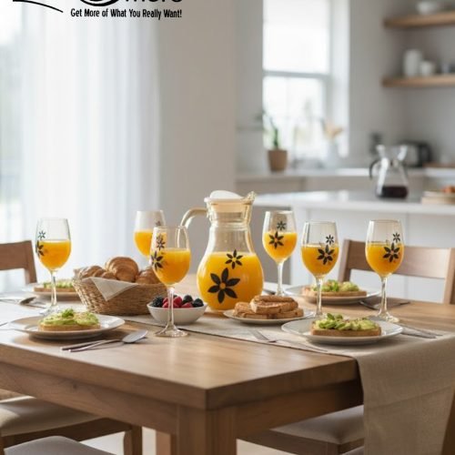 Elegant 7-piece glass water set by One More featuring one amber glass pitcher and six matching goblets, all decorated with a black and gold tulip design.