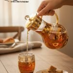 Elegant 7-piece glass beverage set with gold accents including a decanter and six tumblers, shown on a table setting and being used to pour a golden drink.