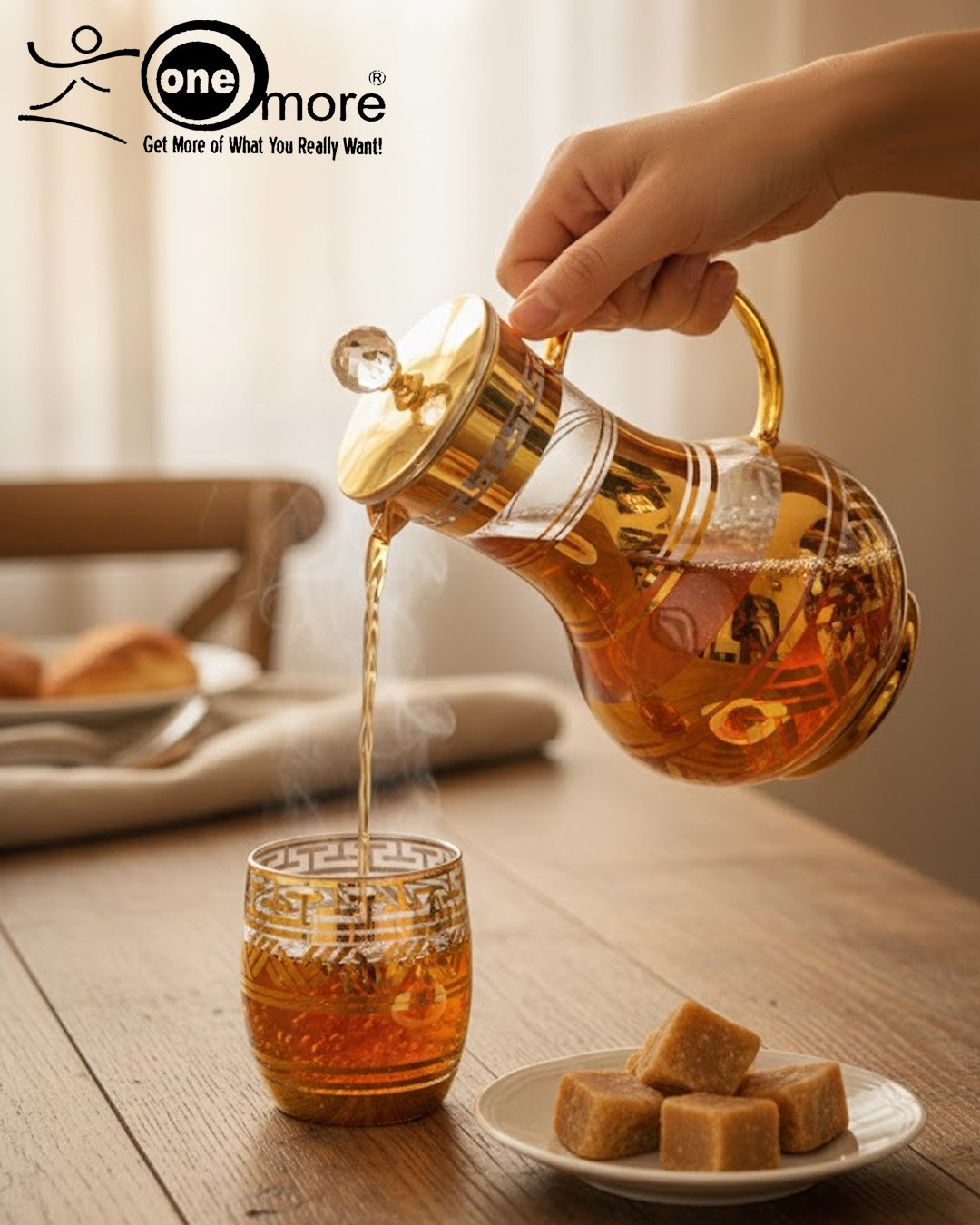 Elegant 7-piece glass beverage set with gold accents including a decanter and six tumblers, shown on a table setting and being used to pour a golden drink. Elegant 7-piece glass beverage set with gold accents including a decanter and six tumblers, shown on a table setting and being used to pour a golden drink.