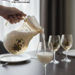 Elegant 7-piece glass water set by One More featuring one amber glass pitcher and six matching goblets, all decorated with a black and gold tulip design.