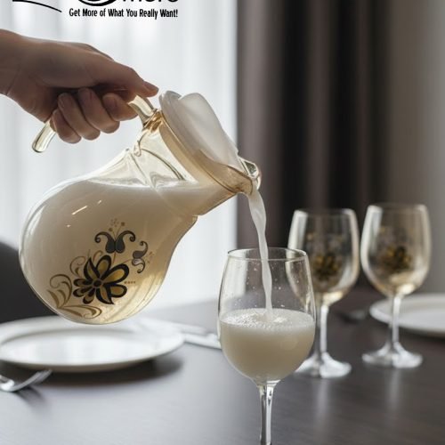 Elegant 7-piece glass water set by One More featuring one amber glass pitcher and six matching goblets, all decorated with a black and gold tulip design.