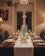 Fancy gold-tone beverage dispenser set with six matching stemmed goblets. The dispenser and glasses have a clear body overlaid with a delicate, scrolling gold floral pattern, and the goblets have solid gold bases.