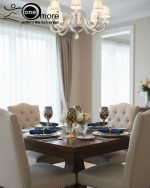 Luxury gold drink dispenser and goblet set with geometric pattern; available in two colors: royal blue/gold and emerald green/gold; featured on a modern kitchen counter.