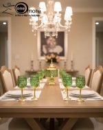 Gold and color-accented honeycomb pattern beverage dispenser and six matching wine glasses set. Available colors include white, teal, emerald green, and navy blue.