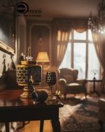 Gold and color-accented honeycomb pattern beverage dispenser and six matching wine glasses set. Available colors include white, teal, emerald green, and navy blue.