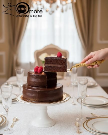 Gold-plated cake knife and server set with ornate handles, shown cutting a white birthday cake, a chocolate wedding cake slice, and displayed on a wooden board with a velvet BG. Elegant serving utensils.