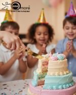 Gold-plated cake knife and server set with ornate handles, shown cutting a white birthday cake, a chocolate wedding cake slice, and displayed on a wooden board with a velvet BG. Elegant serving utensils.