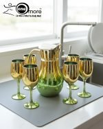 Luxury painted glass water set: 1 jug, 6 stemmed glasses with gold and vibrant color metallic finish.