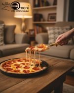 Close-up of a luxurious gold cake knife and matching server set with intricately detailed lattice handles, resting on a polished mahogany table. The scene features cinematic lightening (CL) and a blurred background (BG) of a dining room.