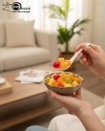 Elegant 14-piece ceramic soup set in six available colors (Black, Navy Blue, Taupe, Slate Grey, Dark Green, Mint Green) featuring scalloped gold rims; includes 1 large serving bowl, 6 small soup bowls, 1 serving spoon, and 6 individual soup spoons, displayed on a kitchen countertop.