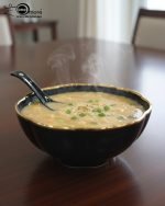 14-piece ceramic soup bowl and spoon set featuring a large serving bowl, six individual bowls, and seven matching spoons, all with a rich color glaze and elegant hand-painted gold rim, available in five colors: black, green, white, taupe, and deep teal.