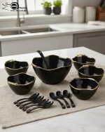 14-piece ceramic soup set in 5 colors (White, Black, Green, Blue, Pink) with gold beaded rim detailing, including one serving bowl, six individual bowls, and seven spoons.