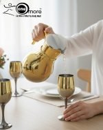 Luxury painted glass water set: 1 jug, 6 stemmed glasses with gold and vibrant color metallic finish.