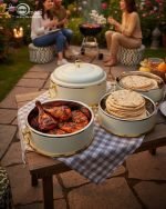 Set of three black insulated hot pot casseroles with gold trim and loop handles, sitting on a wooden dining table with a formal place setting.