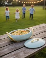 Elegant insulated casserole dish set with gold accents for serving hot food, available in white, sky blue, and blue in 2.5, 3, and 3.5-liter sizes.