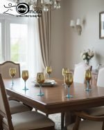 Luxury painted glass water set: 1 jug, 6 stemmed glasses with gold and vibrant color metallic finish.