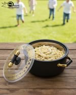 A stacked set of three premium insulated hot pots (1L, 2L, 3.5L) in a crisp white color with decorative gold-toned handles, shown on a marble kitchen countertop. The set features clear acrylic lids and is marketed for keeping food warm.
