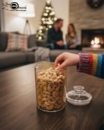 A set of three ribbed acrylic storage jars in different sizes, some with clear lids and some with shiny gold lids, filled with various nuts and snacks, displayed on a wooden table.