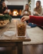 Clear acrylic storage jars with a subtle geometric pattern, shown holding snacks on a wooden table in a living room setting. Set of two sizes.