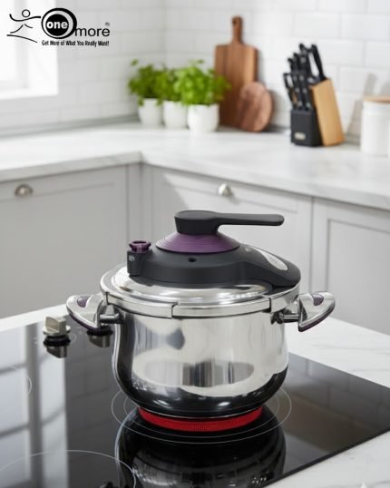 Premium 5-liter stainless steel Turkish pressure cooker with a purple lid and handle, shown cooking meat and vegetables on a stovetop.