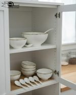 14-piece ceramic soup bowl and spoon set featuring a large serving bowl, six individual bowls, and seven matching spoons, all with a rich color glaze and elegant hand-painted gold rim, available in five colors: black, green, white, taupe, and deep teal.