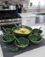 14-piece ceramic soup set in 5 colors (White, Black, Green, Blue, Pink) with gold beaded rim detailing, including one serving bowl, six individual bowls, and seven spoons.