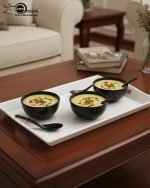 Set of 3 rectangular fiber serving trays in black, brown, and white colors, featuring non-slip texture and ergonomic handles for serving food and beverages.