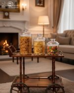 A set of three ribbed acrylic storage jars in different sizes, some with clear lids and some with shiny gold lids, filled with various nuts and snacks, displayed on a wooden table.