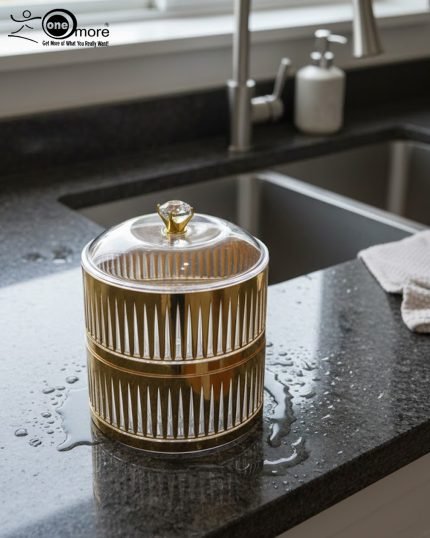Close-up of a luxury two-tier gold fluted acrylic dish filled with green grapes and cherries, placed on a white table runner on a wooden dining table.
