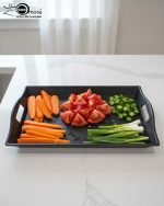 Set of 3 rectangular fiber serving trays in black, brown, and white colors, featuring non-slip texture and ergonomic handles for serving food and beverages.