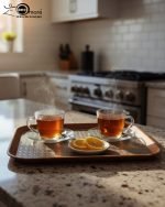 Set of 3 non-slip fiber serving trays in grey and rust brown colors.