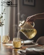 Full 7-piece amber glass water or tea set displayed on a wooden dining table with place mats and six matching cups.