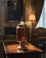 Royal Honeycomb beverage dispenser set with gold base and stemmed goblets in multiple colors (Red, Blue, White).