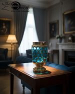 Royal Honeycomb beverage dispenser set with gold base and stemmed goblets in multiple colors (Red, Blue, White).