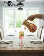 Luxury painted glass water set: 1 jug, 6 stemmed glasses with gold and vibrant color metallic finish.