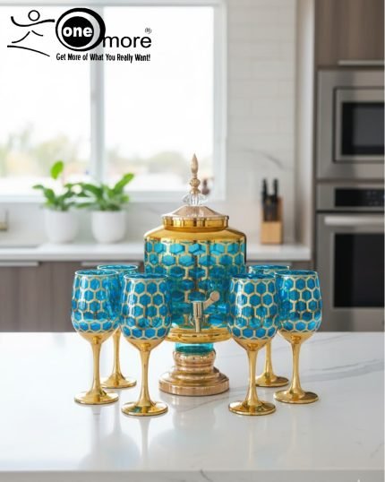 Gold and color-accented honeycomb pattern beverage dispenser and six matching wine glasses set. Available colors include white, teal, emerald green, and navy blue.