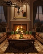 Gold and color-accented honeycomb pattern beverage dispenser and six matching wine glasses set. Available colors include white, teal, emerald green, and navy blue.