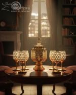 Gold and color-accented honeycomb pattern beverage dispenser and six matching wine glasses set. Available colors include white, teal, emerald green, and navy blue.