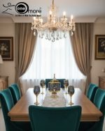 Gold and color-accented honeycomb pattern beverage dispenser and six matching wine glasses set. Available colors include white, teal, emerald green, and navy blue.