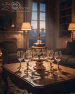 Gold and color-accented honeycomb pattern beverage dispenser and six matching wine glasses set. Available colors include white, teal, emerald green, and navy blue.